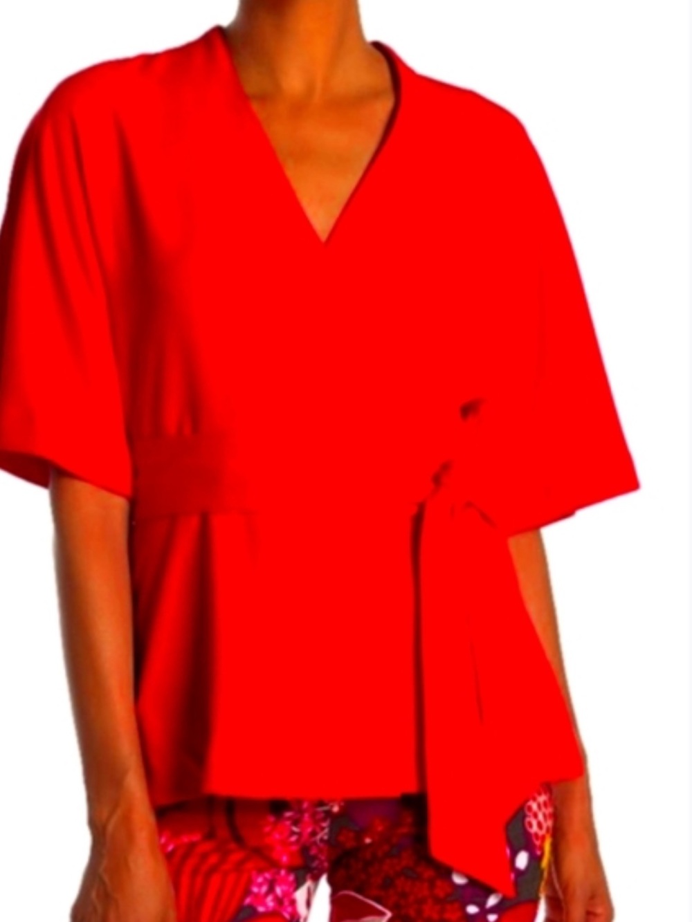 Trina Turk Bright Red Wrap-Front V-Neck Blouse